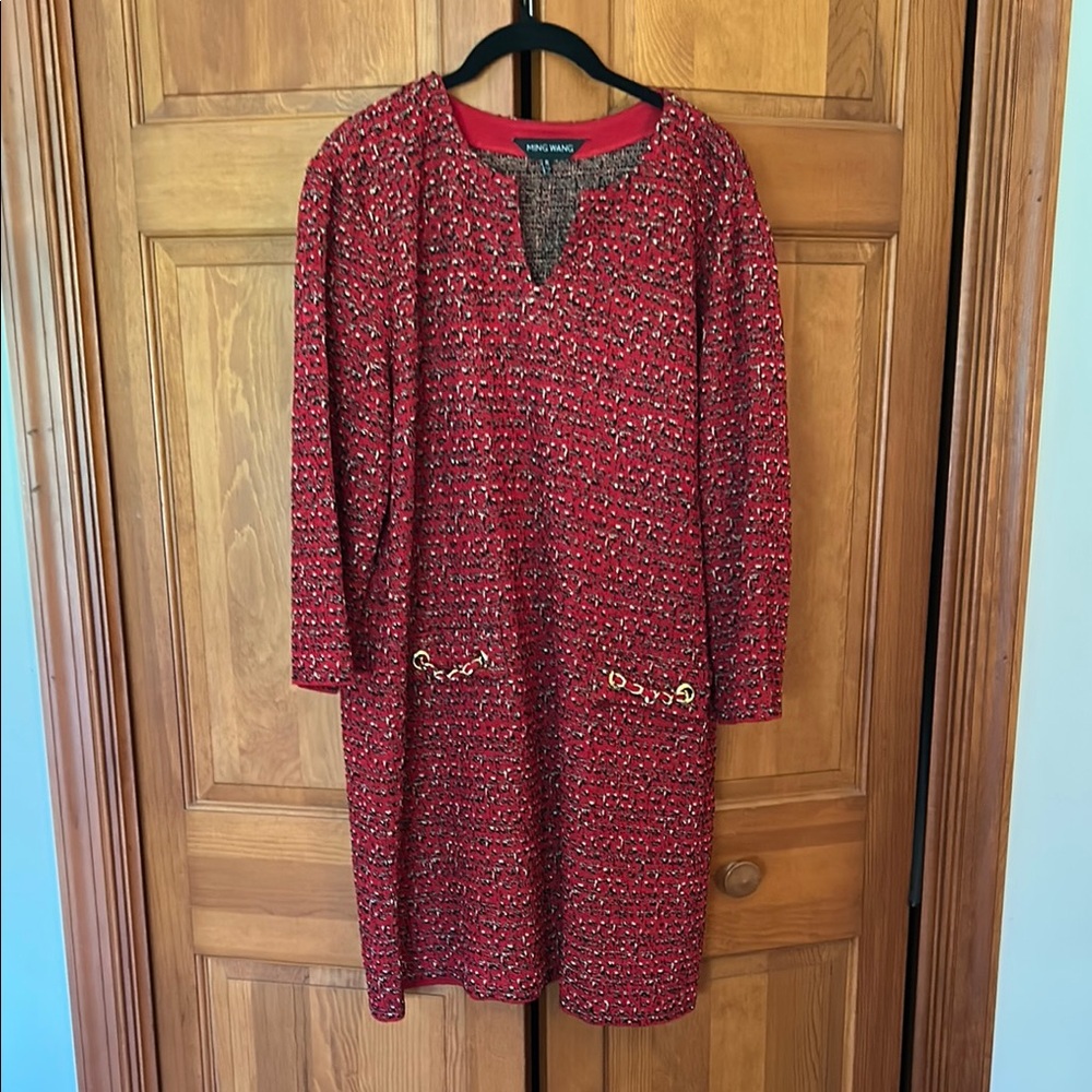 Ming Wang tweed dress with gold chain accents. Perfect for holiday gatherings.